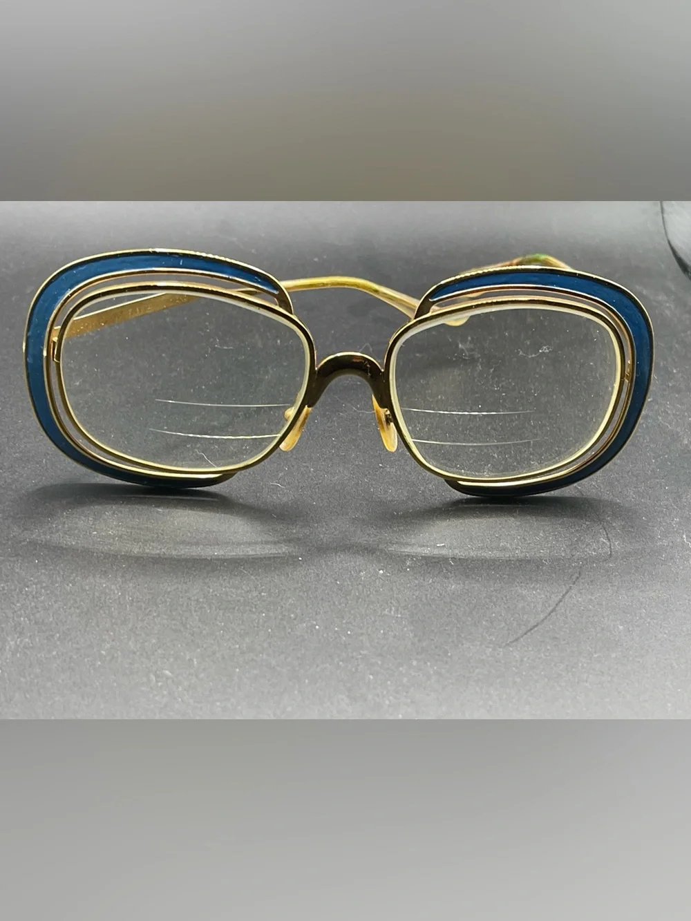 Vintage Rare Selecta Diana Gold Metal Eyeglasses Blue Enamel Rims Bifocal